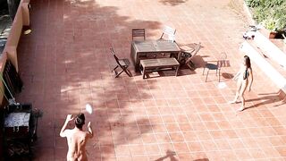 Public Courtyard Blowjob and Fucking with a Hot Brunette Amateur Couple