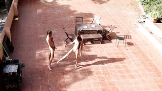 Public Courtyard Blowjob and Fucking with a Hot Brunette Amateur Couple