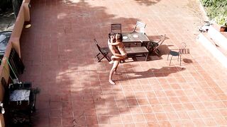 Public Courtyard Blowjob and Fucking with a Hot Brunette Amateur Couple